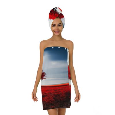 Yeahhhlife Bath Wrap Hair Towel Set, Red Tree Adjustable Closure Spa Shower Towels, Quick Dry Soft Lightweight Bath Towels Skirt Body Wrap for Women