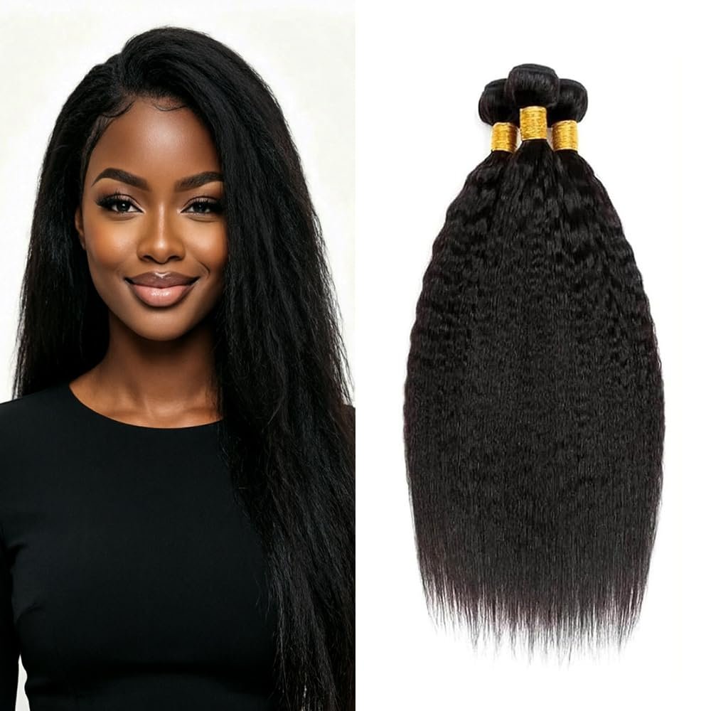 CISMMEUYE Human Hair Yaki Straight Bundles 1B Natural Color 26 28 30 inch
