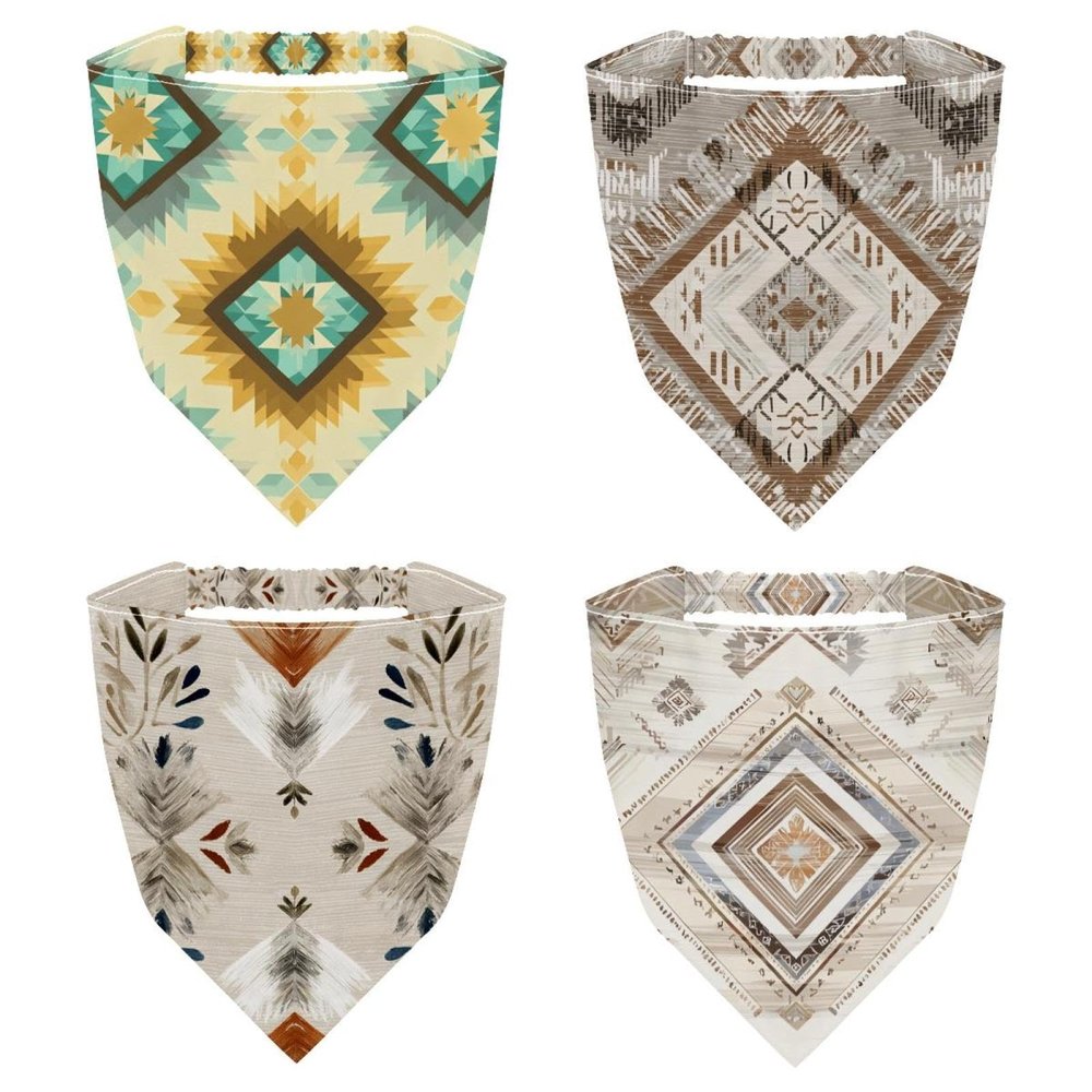RODAILYCAY 4 Packs Triangle Head Scarf, Chiffon Hair Bandanas Kerchief, Abstract Ethnic Pattern Elastic Hair Scarf Bandanas for Women Girls