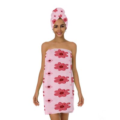 Yeahhhlife Bath Wrap Hair Towel Set, Pink Red Flowers Adjustable Closure Spa Shower Towels, Quick Dry Soft Lightweight Bath Towels Skirt Body Wrap for Women
