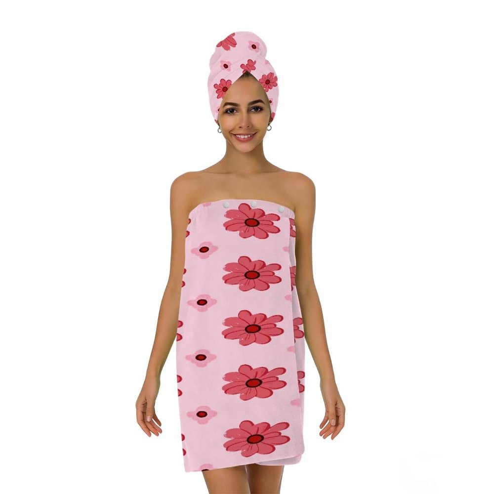 Yeahhhlife Bath Wrap Hair Towel Set, Pink Red Flowers Adjustable Closure Spa Shower Towels, Quick Dry Soft Lightweight Bath Towels Skirt Body Wrap for Women
