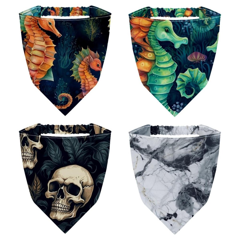 RODAILYCAY 4 Pieces Triangle Head Scarf, Chiffon Hair Kerchief, Skeleton Skull Elastic Hair Scarf Bandanas for Women Girls