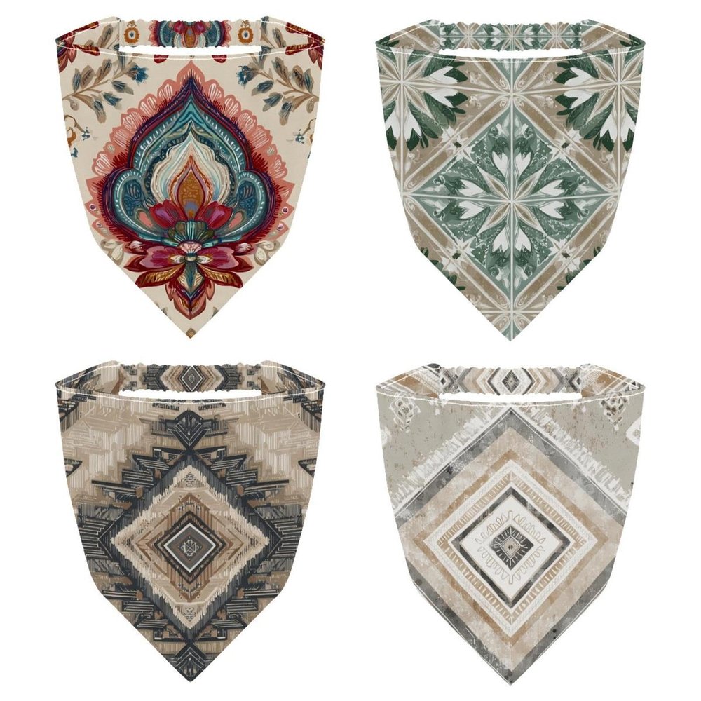 RODAILYCAY 4 Pack Triangle Head Scarf, Chiffon Hair Kerchief, Elastic Hair Scarf Bandanas for Women Girls, Vintage Ethnic Style Pattern