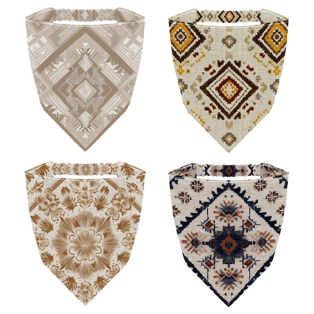 RODAILYCAY 4 Pack Hair Scarfs, Abstract Geometric Ethnic Pattern Elastic Hair Scarf Headband, Triangle Kerchief, Head Hairband Bandanas