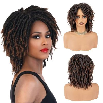 Velyzant Brown Short Dreadlock Wig for Women and Men, Synthetic Afro Twist Braided Wigs Faux Locs Hair Full Machine Made Glueless Curly Wigs Ombre Brown T30