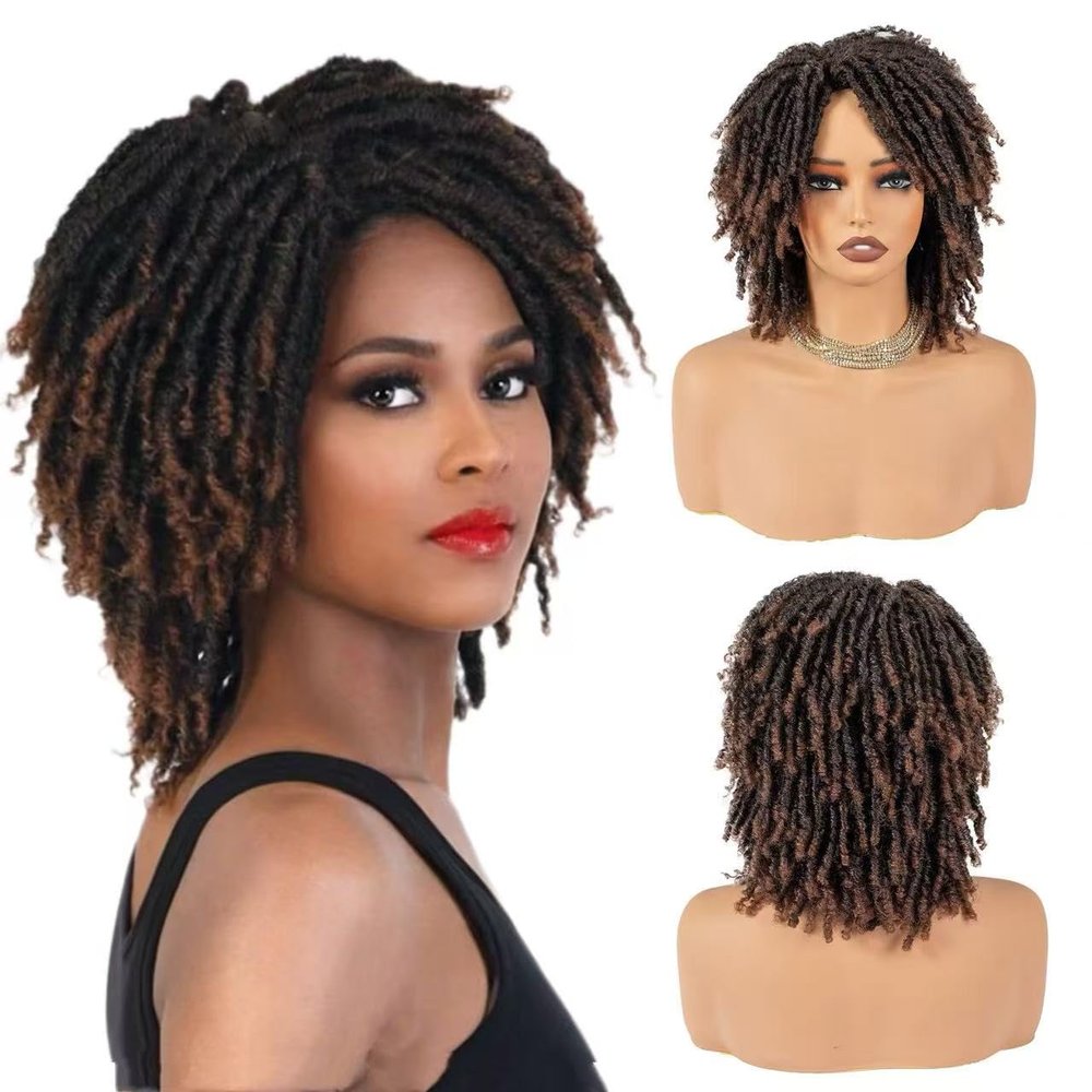 Velyzant Brown Short Dreadlock Wig for Women and Men, Synthetic Afro Twist Braided Wigs Faux Locs Hair Full Machine Made Glueless Curly Wigs Ombre Brown T30