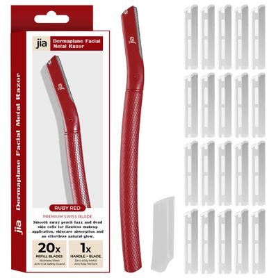 Jia Dermaplane Facial Metal Razor with 20 Swiss-Made Replacement Blades Eyebrow Trimmer & Face Shaver for Women and Men, Peach Fuzz & Dead Skin Cell Removal Tool (Ruby Red)