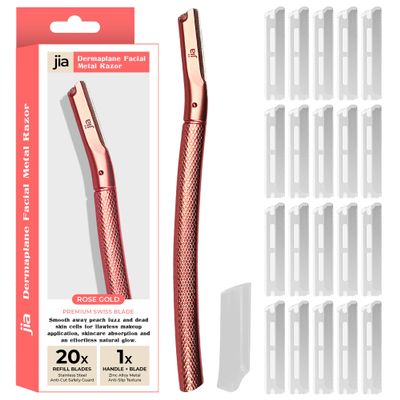 Jia Dermaplane Facial Metal Razor in Rose Gold with 20 Swiss-Made Replacement Blades Eyebrow Trimmer & Face Shaver for Women and Men, Peach Fuzz & Dead Skin Cell Removal Tool