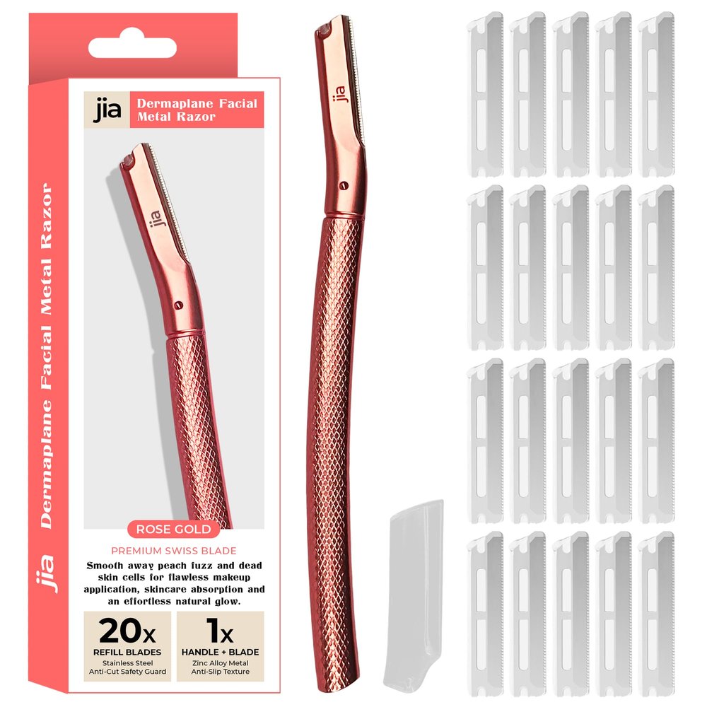 Jia Dermaplane Facial Metal Razor in Rose Gold with 20 Swiss-Made Replacement Blades Eyebrow Trimmer & Face Shaver for Women and Men, Peach Fuzz & Dead Skin Cell Removal Tool
