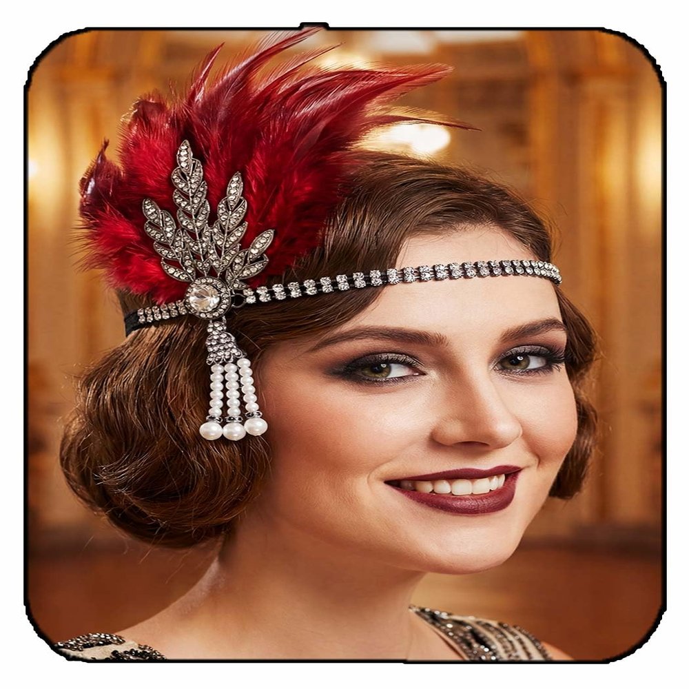 GORTIN Flapper Headband Rhinestones 1920s Headpiece Feather Roaring 20s Showgirl Hair Accessories for Women (Red, One size)