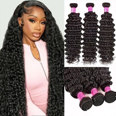 Deep Wave Human Hair Bundles 22 24 26Inch Curly Bundles Human Hair 100% Unprocessed Brazilian Virgin Hair Bundles for Women Quick Weave Hair Bundle Hair Extensions Natural Black