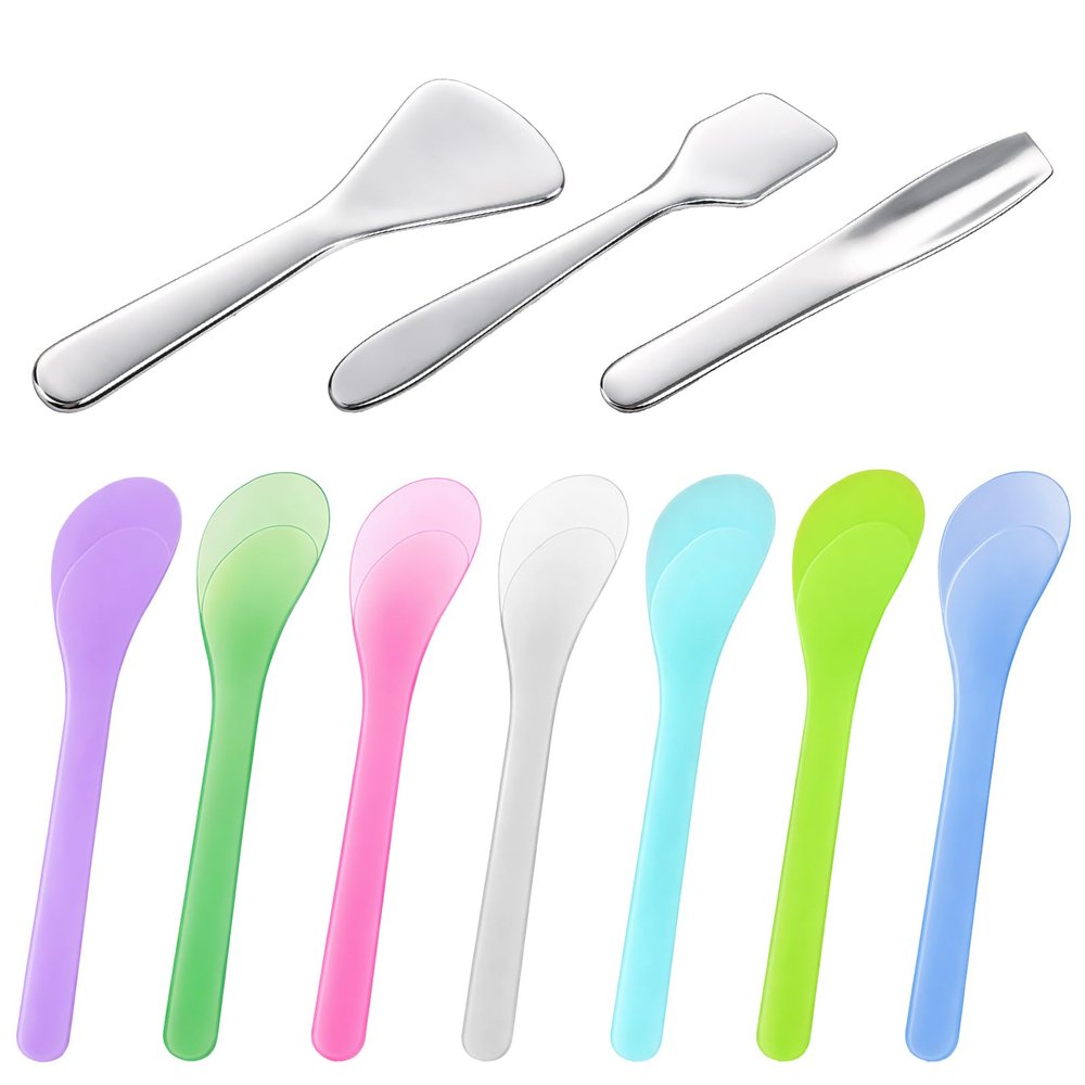 10 Pcs Random Color Plastic Beauty Spoon Reusable Cosmetic Spatula Mini Metal Makeup Scoop Spatula Facial Cream Brush Skincare Applicator for Lotions Eye Cream Moisturizers Facemask Mixing Sampling