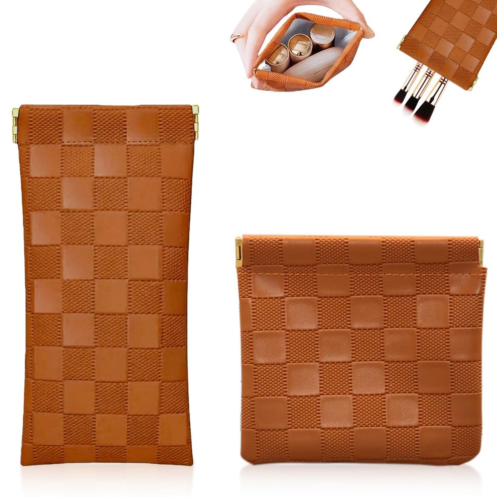 2Pcs Small Makeup Bag for Purse, Mini Checkered Leather Purse Pouches for Purse Small Makeup Pouch Small Coin Purse Organizer Pouches, Portable No Zipper Pocket Cosmetic Bag for Women (Brown)