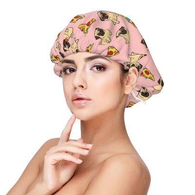 MZERSE Unisex Double Layer Satin Silk Bonnet Sleep Cap Pug Pizza Pink Hair Wrap for Curly Hair & Daily Hair Care