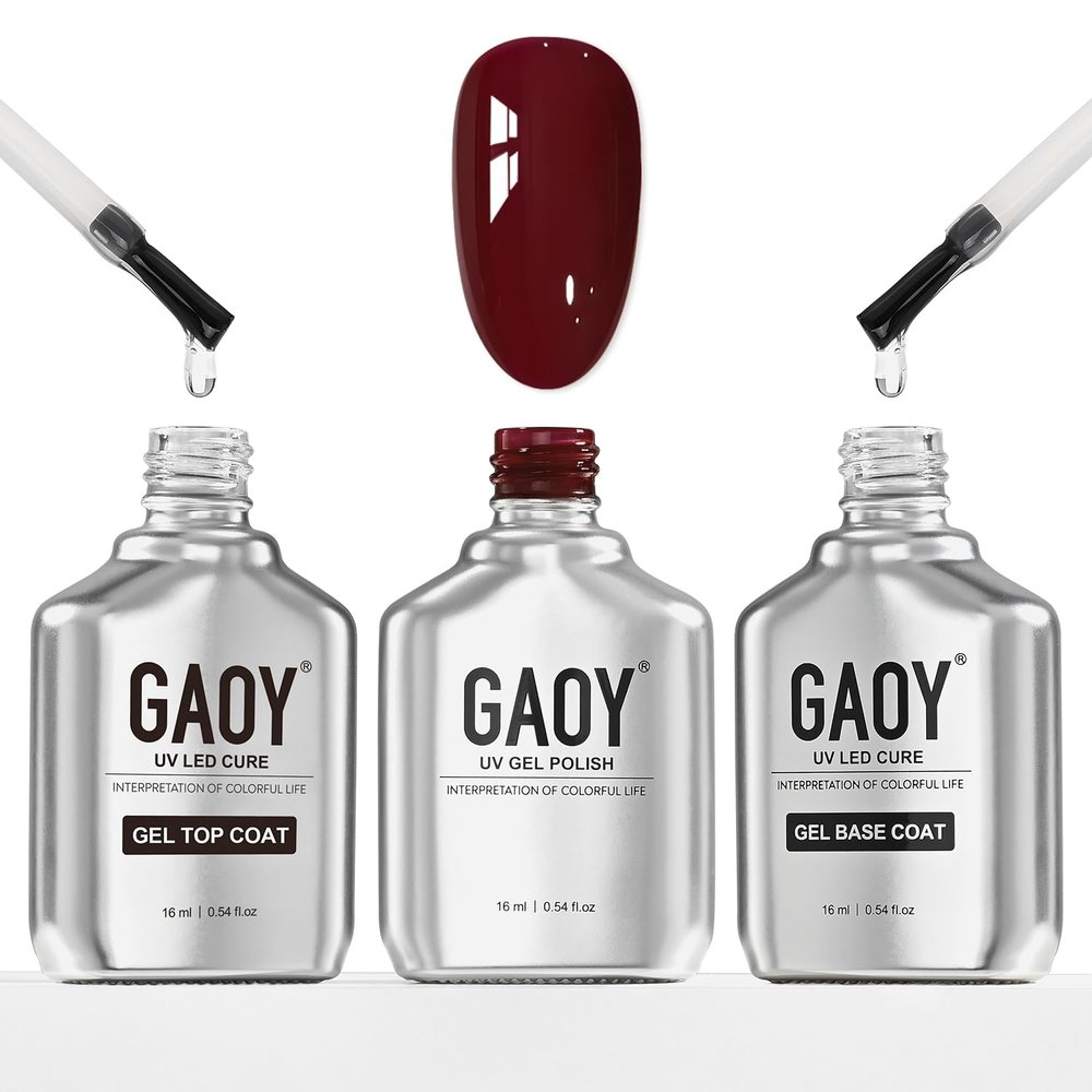 GAOY 16ml Gel Top Coat, Base Coat and 1149 Dark Red Gel Polish Set, 3 Pcs
