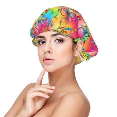 MZERSE Silk Satin Hair Bonnet Dragonfly Dreamcatcher, Double Layer Night Cap Anti Friction Sleep Wrap for Long Curly Hair