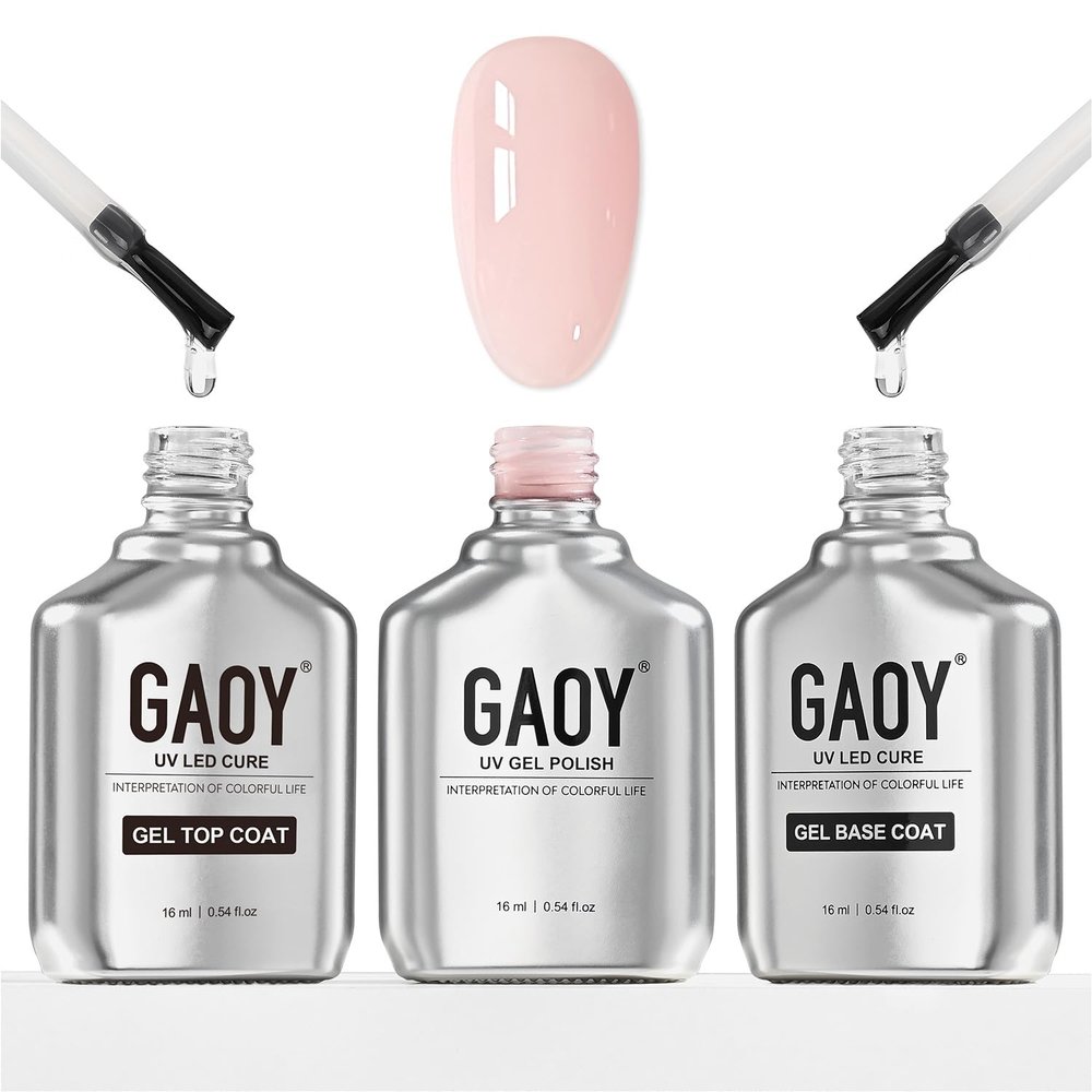 GAOY 16ml Gel Top Coat, Base Coat and 1352 Milky Pink Gel Polish Set, 3 Pcs
