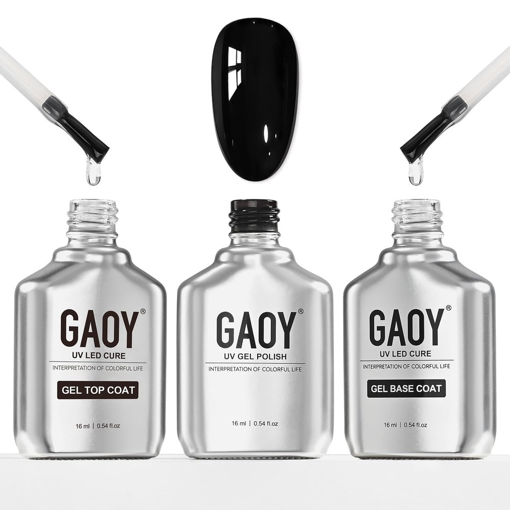 GAOY 16ml Gel Top Coat, Base Coat and 1001 Black Gel Polish Set, 3 Pcs
