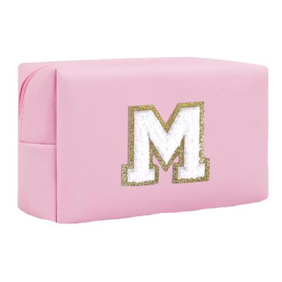 Initial Makeup Bag for Women Gifts, PU Leather Cosmetic Pouch, Pink Style M
