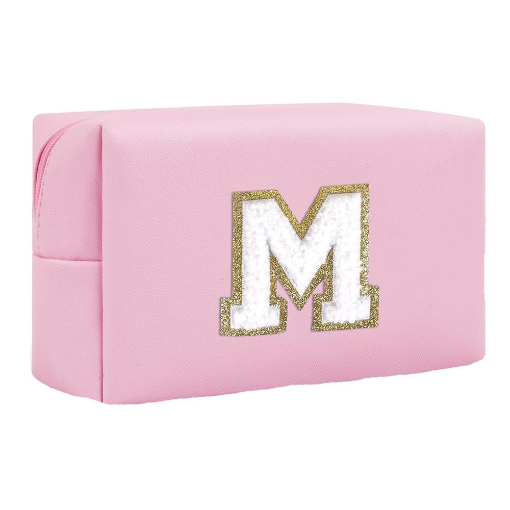Initial Makeup Bag for Women Gifts, PU Leather Cosmetic Pouch, Pink Style M