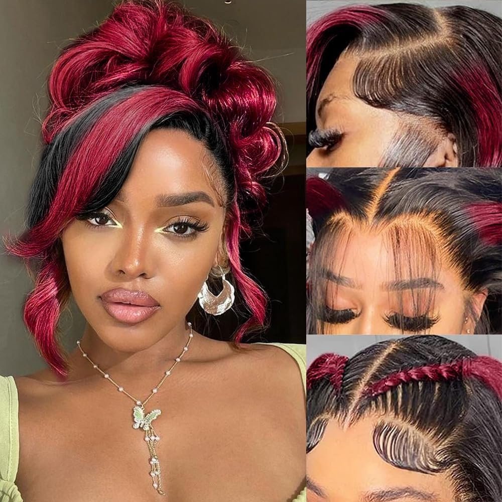 Burgundy 360 Lace Front Wigs Human Hair 200 Density Body Wave 1B/99J Ombre Lace Front Wig Pre Plucked Highlight Burgundy Wig Human Hair Glueless Wigs Human Hair Wigs for Women Full Lace Wig 24inch