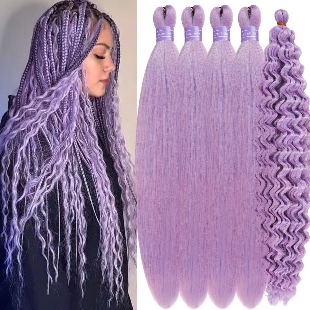 Aoterlanke Blue Pink Boho Hair For Braiding Synthetic Mixed Blue Pink Braiding Hair Pre Stretched With Boho Curls 5 Pack Knotless Bohemian Wavy Curly Crochet Prestretched Braiding Hair For Boho Braids