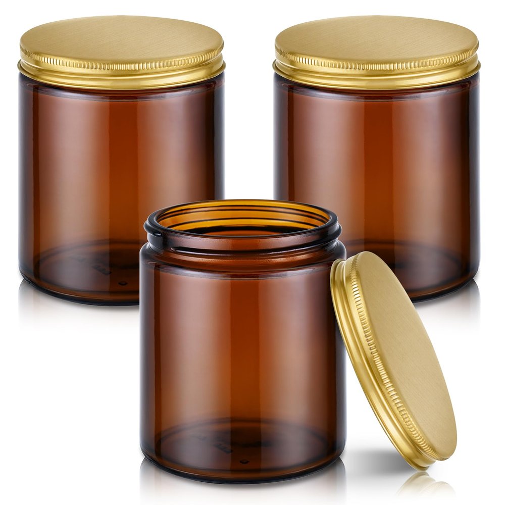 8 oz Glass Jars with Lids, 3 Pack Small Amber Glass Jars with Gold Lids