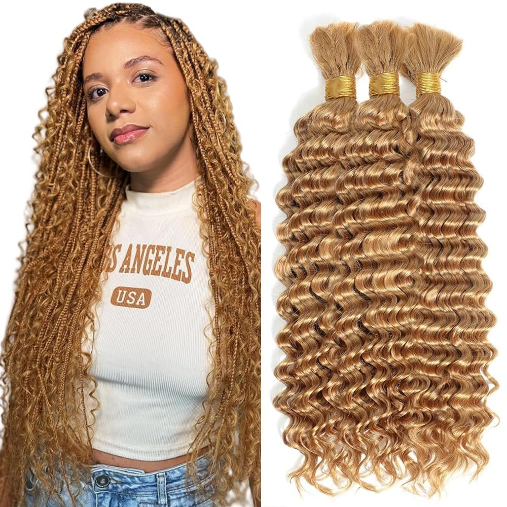 #27 Blonde Human Braiding Hair for Boho Braids Hair 34 34 34 Inch Boho Hair for Braiding Human Hair Unprocessed Brazilian Honey Blonde Deep Wave Bulk 3 Bundle Hair Extensions 50 Gram Per Bundle
