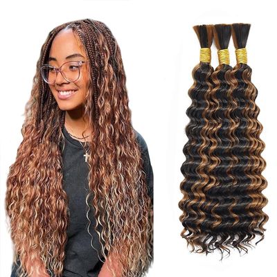 P4/30 Brown Human Braiding Hair for Boho Braids Hair 34 34 34 Inch Curly Boho Hair for Braiding Human Hair Unprocessed Brazilian Highlight Deep Wave Bulk 3 Bundle Hair Extensions 50 Gram Per Bundle