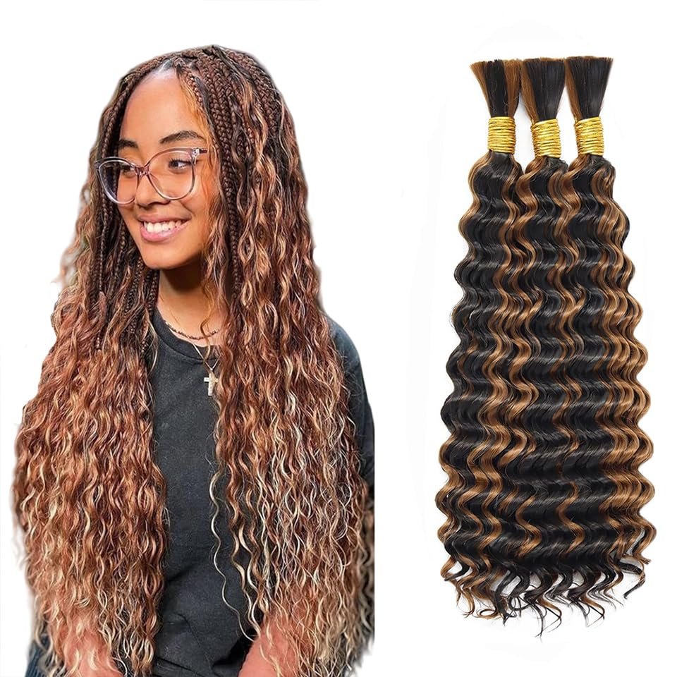 P4/30 Brown Human Braiding Hair for Boho Braids Hair 34 34 34 Inch Curly Boho Hair for Braiding Human Hair Unprocessed Brazilian Highlight Deep Wave Bulk 3 Bundle Hair Extensions 50 Gram Per Bundle