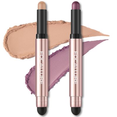 FOCALLURE 2PCS No Crease Eyeshadow Stick,Shimmer and Matte Cream Eyeshadow Pencil Crayon,Long Lasting Waterproof Eye Brightener Stick With Blending Brush,Sunset Orbit