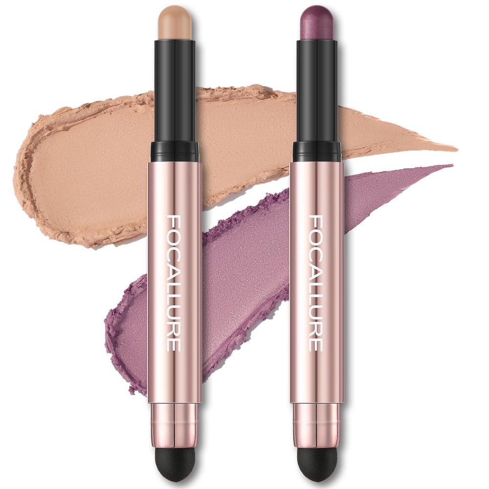 FOCALLURE 2PCS No Crease Eyeshadow Stick,Shimmer and Matte Cream Eyeshadow Pencil Crayon,Long Lasting Waterproof Eye Brightener Stick With Blending Brush,Sunset Orbit