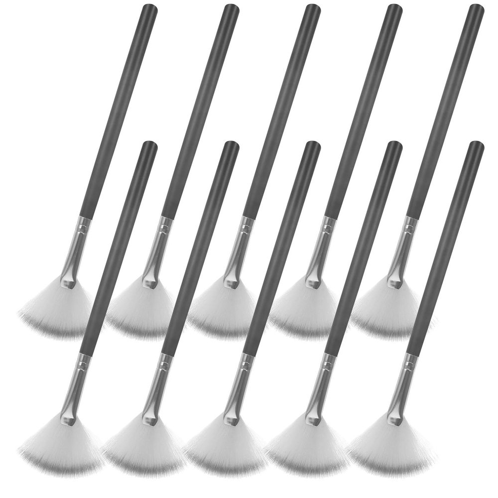 BEBEMOKO 10pcs Small Fan Makeup Brushes Black Silver Hair Powder Applicator Facial Esthetician Tools for Highlighter Blush and Acid Essence Application