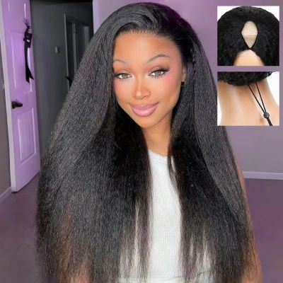 V Part Wig Human Hair Kinky Straight 30Inch 200Density Natural Black