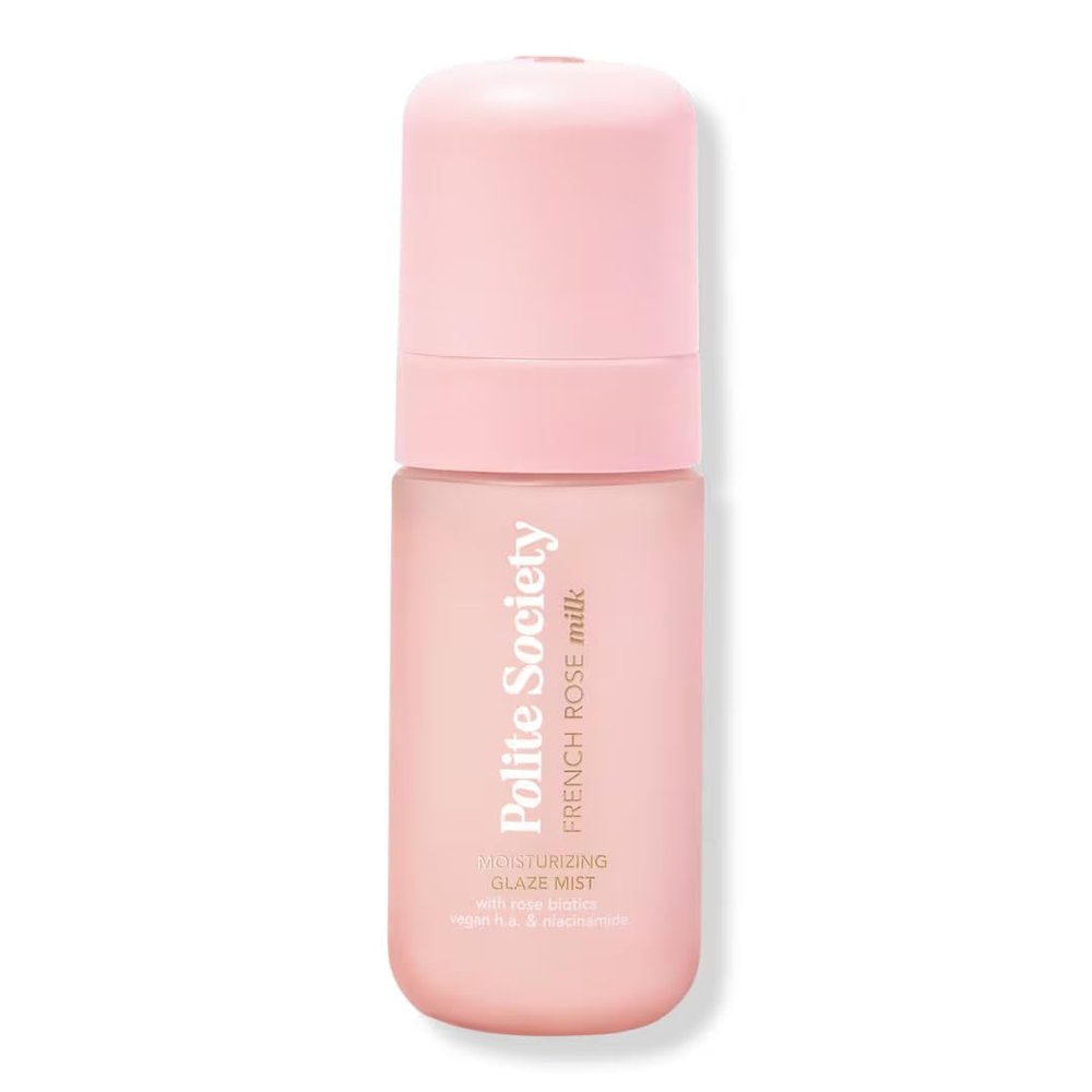 Polite Society French Rose Milk Moisturizing Glaze Mist | Size: 1 Fl oz | Hydrated radiance of liquid glass for a buildable, glazed makeup effect with skincare benefits.