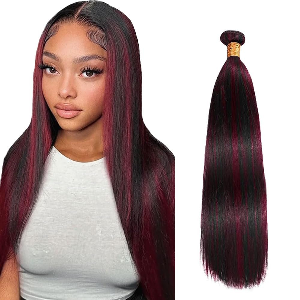 Leruikair Single #P1B/99J 26 Inch Human Hair Bundles Straight Highlight Burgundy 99J Human Hair Bundles Double Weft Unprocessed Brazilian Quick Weave Hair for Black Women