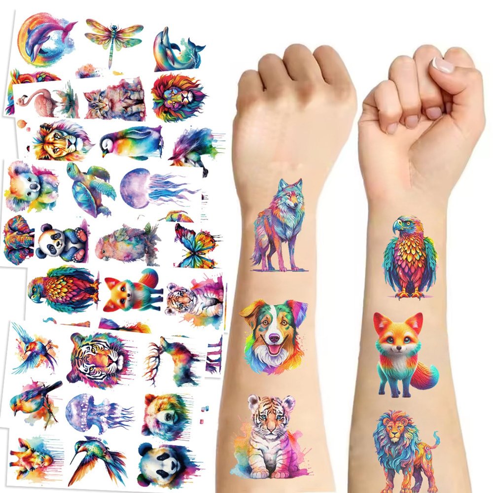 10 Sheets Animal Temporary Tattoos for Teen, Cool Birthday Party Favors, Cute Decoration Sticker Gifts for Girl Boys Home Activity Class Prizes Carnival Christmas Rewards