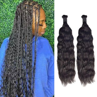 FUIBEJAE Natural Color Wave Curly Human Hair for Boho Braids Human Braiding Hair Wet And Wavy Bulk Human Hair for Braiding,2 Bundles/Pack(1B#),22 24inch
