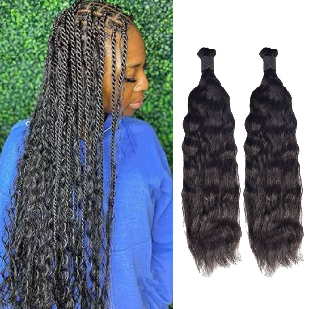 FUIBEJAE Natural Color Wave Curly Human Hair for Boho Braids Human Braiding Hair Wet And Wavy Bulk Human Hair for Braiding,2 Bundles/Pack(1B#),22 24inch