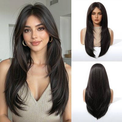Esmee Long Straight Brown Wigs for Women with Fringe Natural Synthetic Hair Wig for Daily & Party Use
