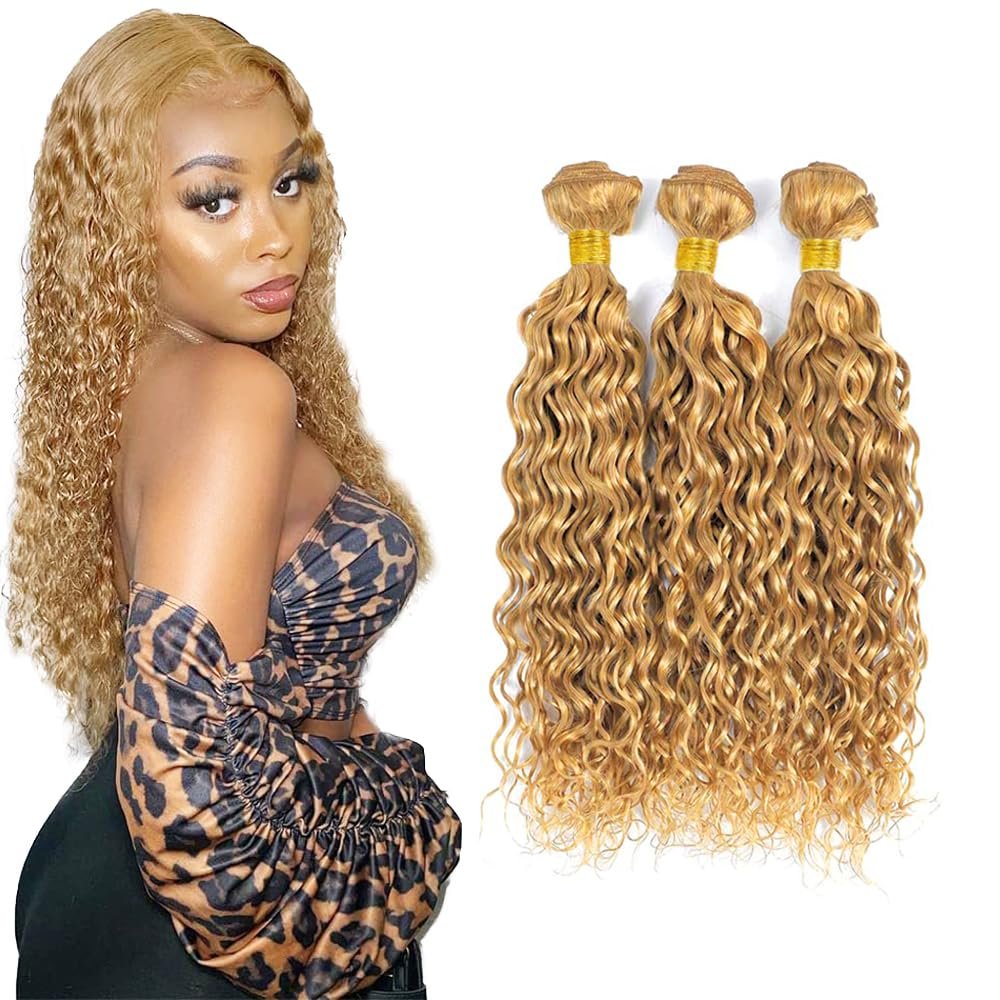 #27 Water Wave Bundles Honey Blonde Human Hair Bundles 18 20 22 Inch Water Wave Kontless Unprocessed Virgin Human Hair Extensions For Women 3 Bundle Total 150g