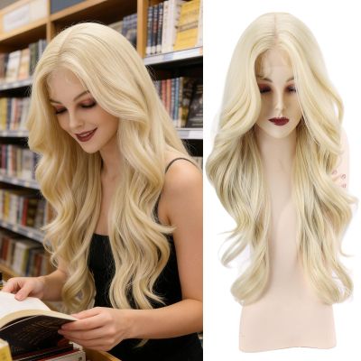 WIGENIUS Lace Front Wigs 24 Inch Long Curly Synthetic Wig for Women - Matte 613 Blonde Middle Part Wig with Baby Hair, Hand-Tied Scalp, Soft Breathable Heat Resistant Hair for Natural Looking