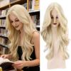 WIGENIUS Lace Front Wigs 24 Inch Long Curly Synthetic Wig for Women - Matte 613 Blonde Middle Part Wig with Baby Hair, Hand-Tied Scalp, Soft Breathable Heat Resistant Hair for Natural Looking view 1