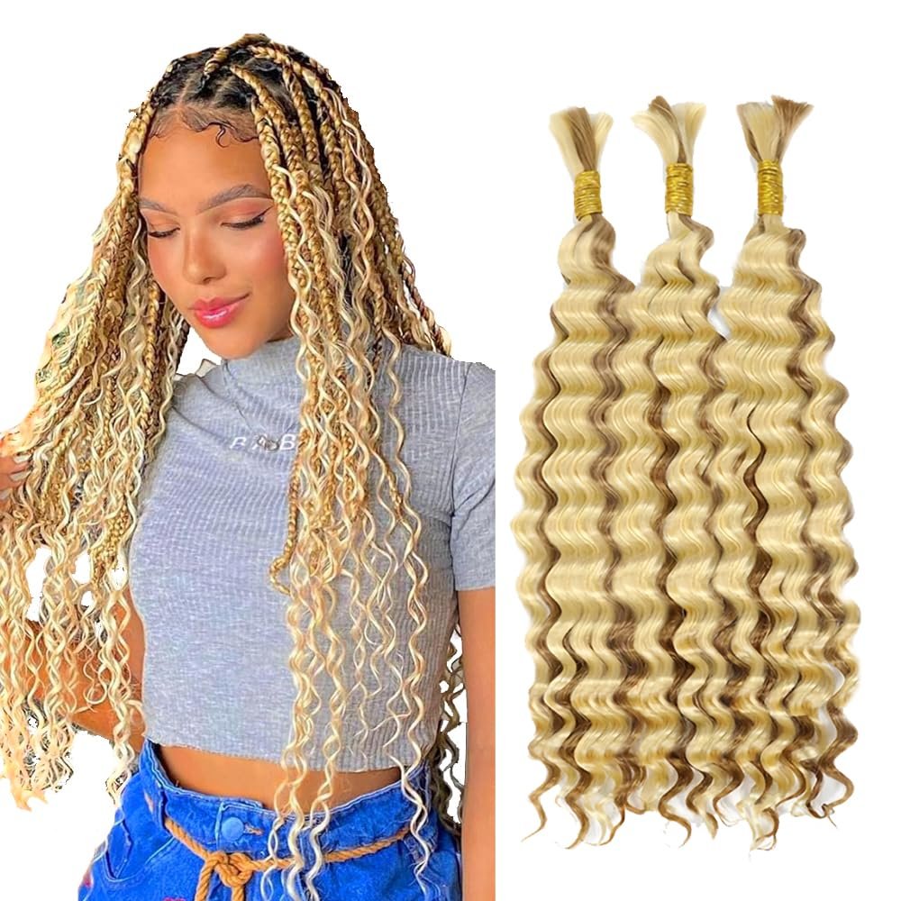 613 Human Braiding Hair For Boho Braids Honey Blonde Deep Wave Bulk Human Hair For Braiding No Weft 3 Braids Per Pack 27 Mixed With 613 Color 14 14 14 Inch