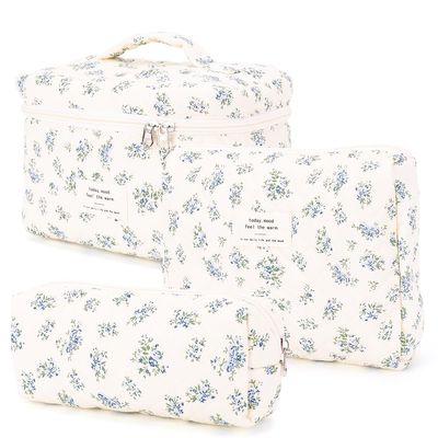 3Pcs Large Makeup Bag for Women, Quilted Floral Cotton Travel Toiletry Bag & Cosmetic Organizer Pouch for Skincare, Brushes