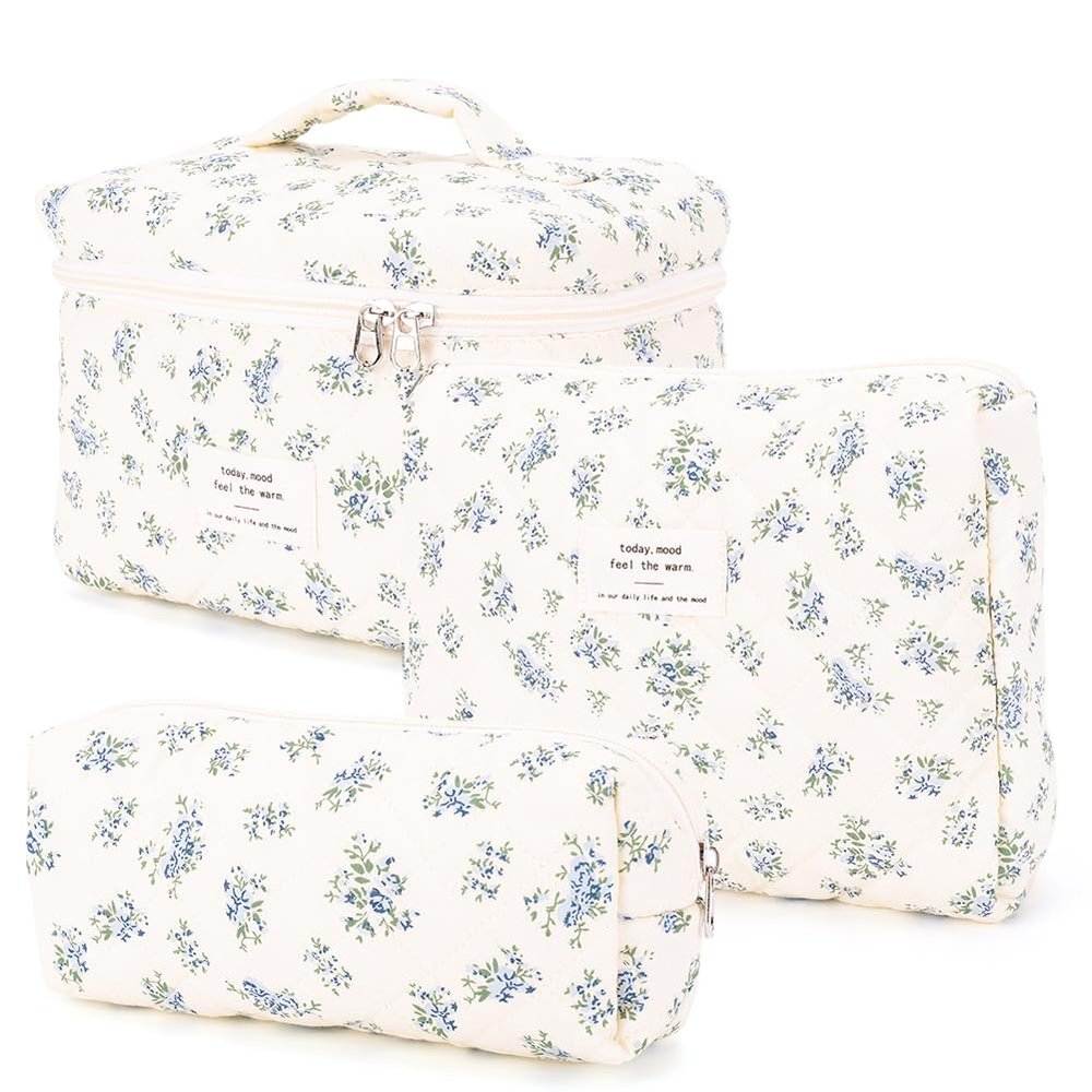 3Pcs Large Makeup Bag for Women, Quilted Floral Cotton Travel Toiletry Bag & Cosmetic Organizer Pouch for Skincare, Brushes