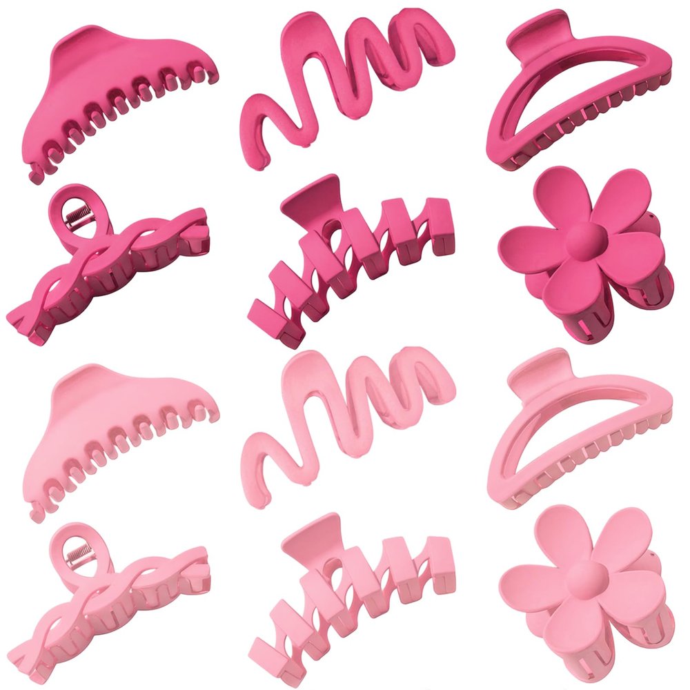 12 Pcs Claw Clips, Multi-Shapes Hair Clips for Women, Non-Slip Large Jaw Claw Clips for Thick Thin Curly Hair Accessories (Pink + Hot Pink)