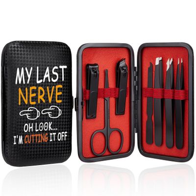 COSHAYSOO Tweezers Set Nail Clippers for Men Manicure Grooming Kit with Leather Travel Case, Fingernail Care Eyebrow Ingrown Hair Tweezer, Mens Easter Funny Coworker Work Office Gifts, My Last Never