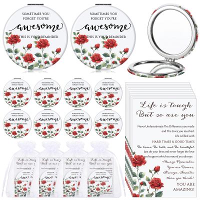 Geetery 12 Sets Inspirational Compact Mirror Bulk Gift for Women Mini Double Sided Folding Mirror with Card Employee Appreciation Gift for Nurse Social Coworker Teacher Volunteer (Rose)