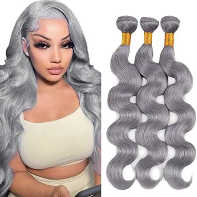 Grey Human Hair Bundles Body Wave 24 26 28 Inch Color Sliver Grey Bundles 50g Per Bundle 150g Total 12A Unprocessed Brazilian Virgin Hair for Black Women